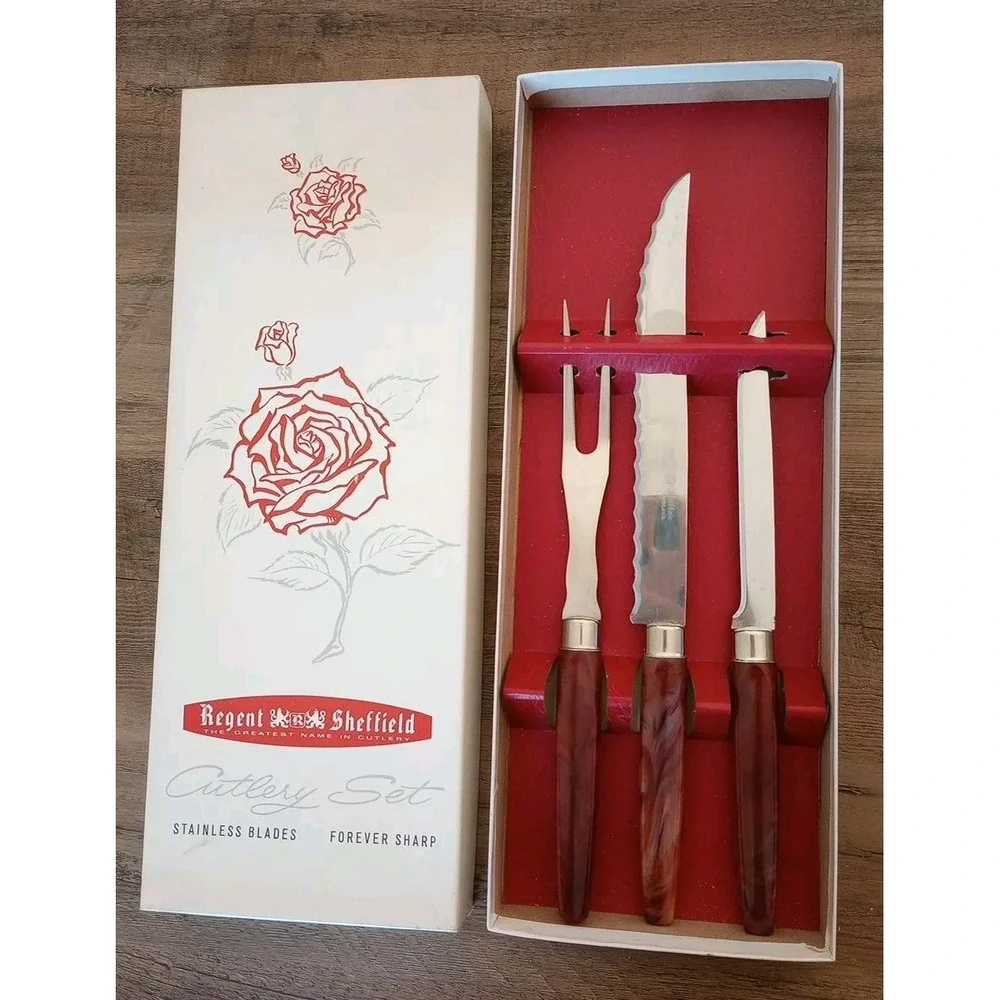VTG Regent Sheffield England Stainless Blade/Brown Handles Cutlery Set 3Pc NIB